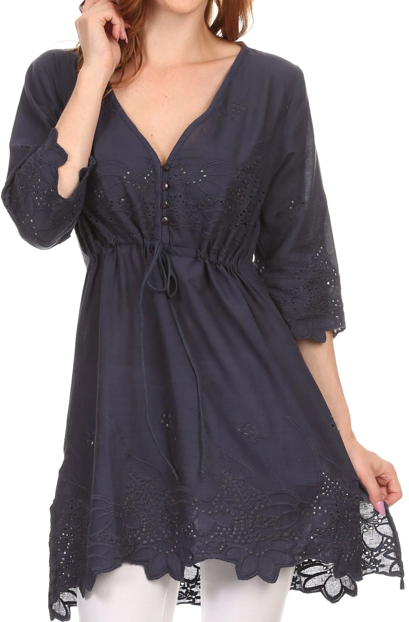 Sakkas Raestelle Long Tall Embroidered Button Up Adjustable Tunic Blouse Top