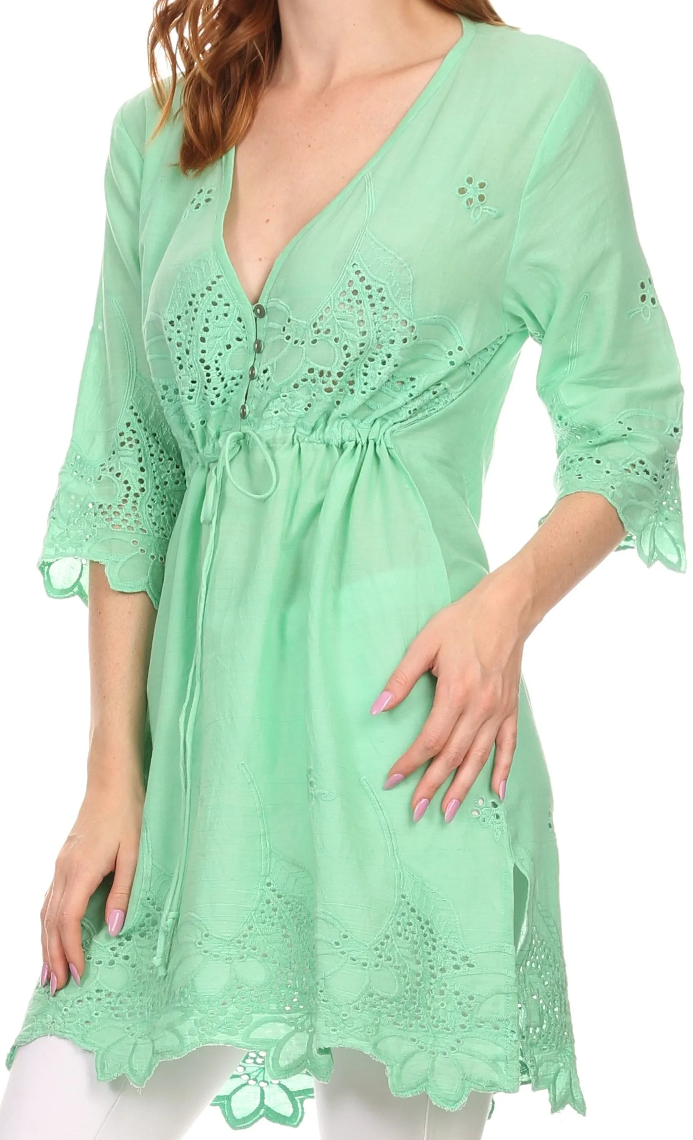 Sakkas Raestelle Long Tall Embroidered Button Up Adjustable Tunic Blouse Top