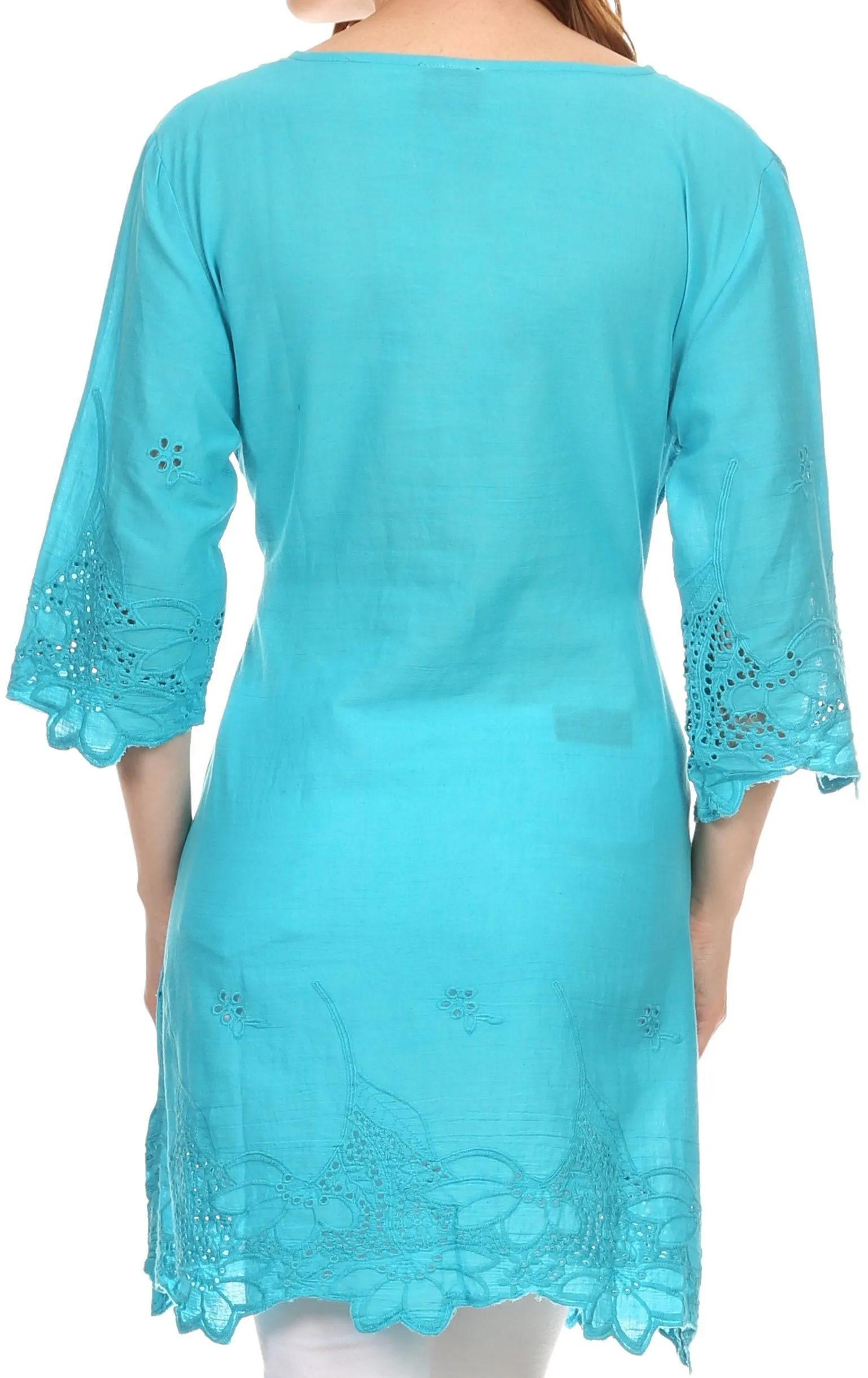 Sakkas Raestelle Long Tall Embroidered Button Up Adjustable Tunic Blouse Top