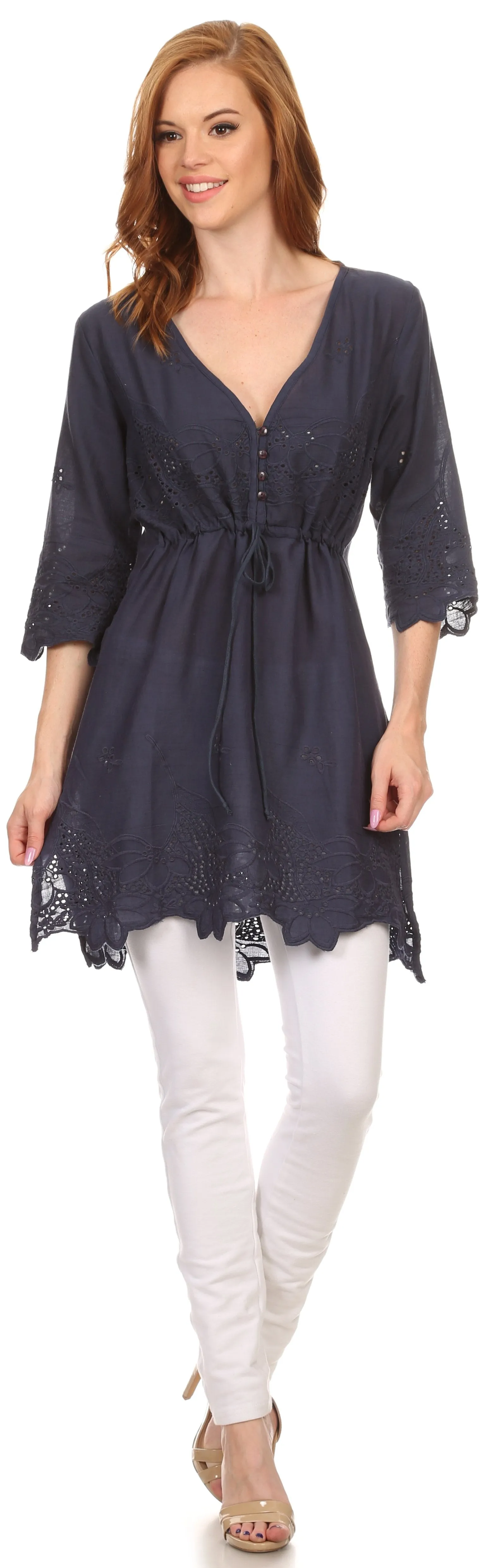 Sakkas Raestelle Long Tall Embroidered Button Up Adjustable Tunic Blouse Top