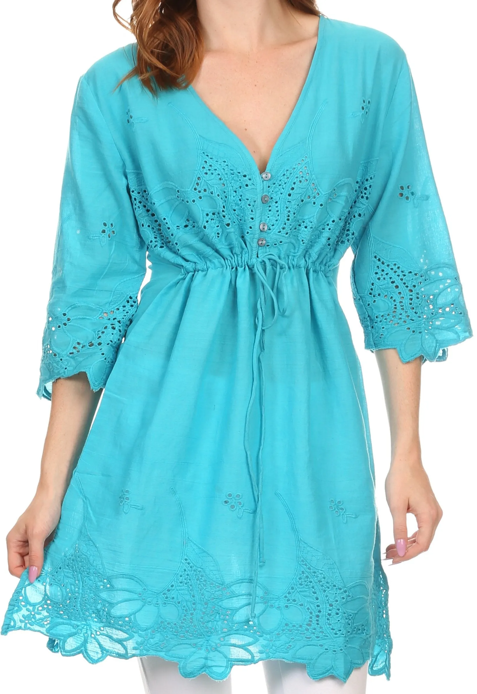 Sakkas Raestelle Long Tall Embroidered Button Up Adjustable Tunic Blouse Top