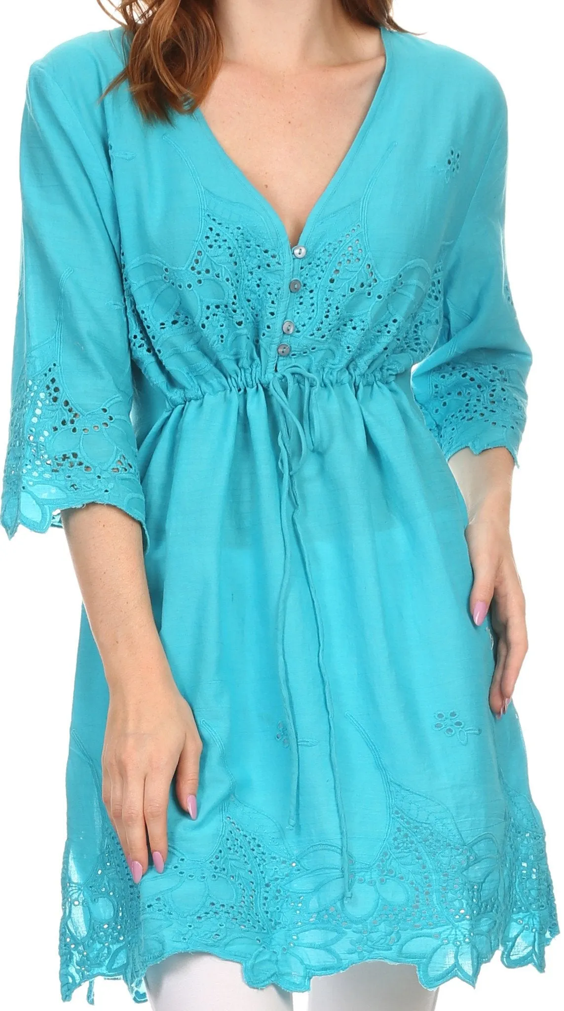 Sakkas Raestelle Long Tall Embroidered Button Up Adjustable Tunic Blouse Top