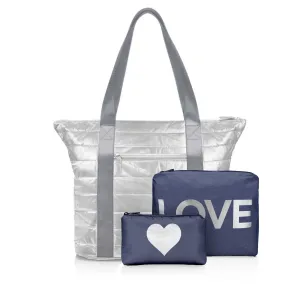 Set of Three Travel Packs - Everyday Tote Set in Silver and Shimmer Navy Blue