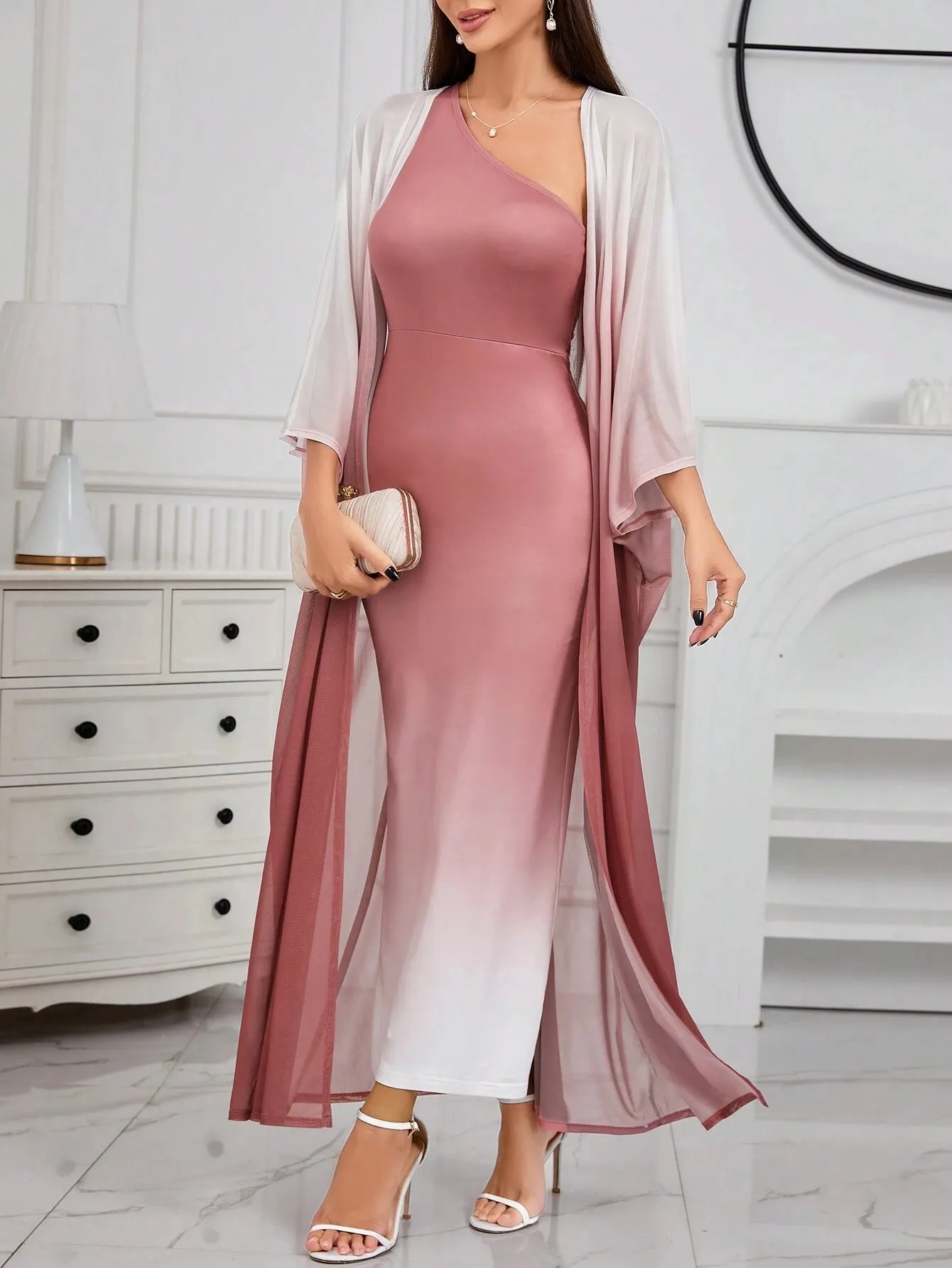 SHEIN Modely Ombre Shoulder Sloping Dress With Coat Evening Dress