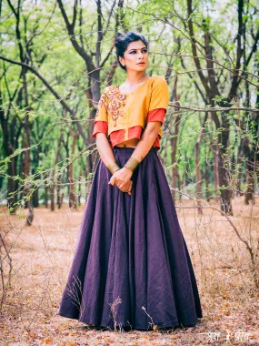 Shrut & Prit- Purple Skirt With Orange Yellow Anchor Aari Cotton Crop Top Set.