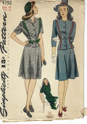 Simplicity 4792 Two Piece Dress Jacket Vintage Sewing Pattern 1940s Unprinted