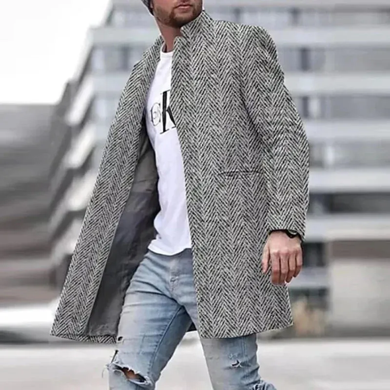 Sml-lrge Vintage Pattern Print Thick Fleece For Men Casual Long Sleeve Turn-down Collar Buttoned Overcoat