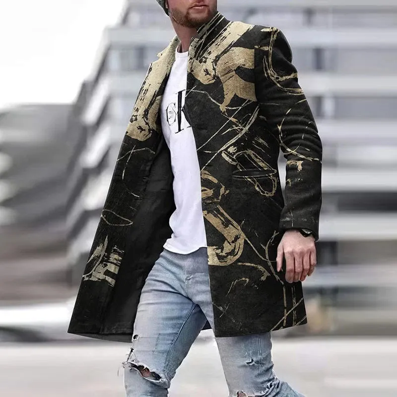 Sml-lrge Vintage Pattern Print Thick Fleece For Men Casual Long Sleeve Turn-down Collar Buttoned Overcoat