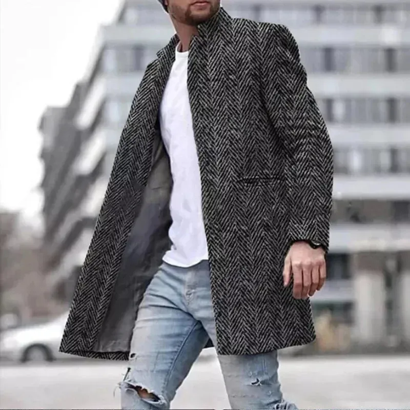 Sml-lrge Vintage Pattern Print Thick Fleece For Men Casual Long Sleeve Turn-down Collar Buttoned Overcoat