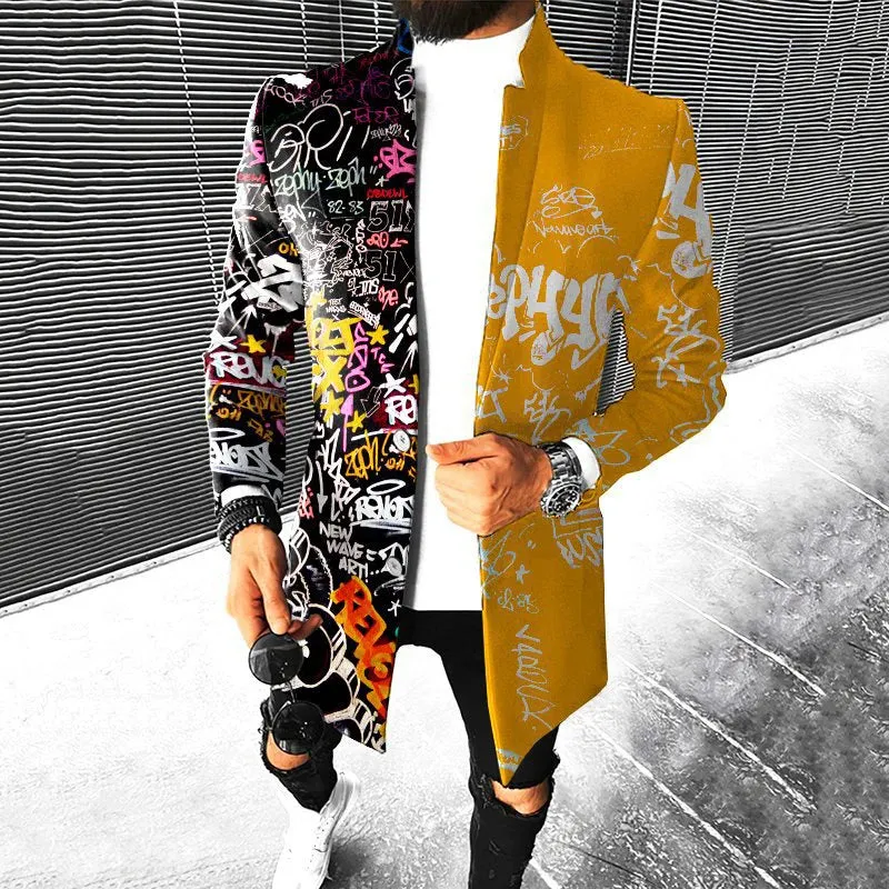 Sml-lrge Vintage Pattern Print Thick Fleece For Men Casual Long Sleeve Turn-down Collar Buttoned Overcoat