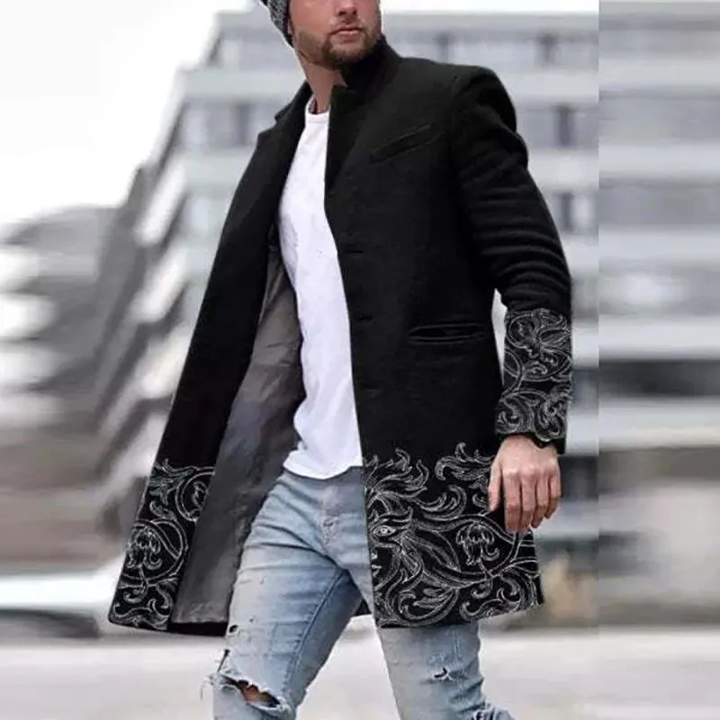 Sml-lrge Vintage Pattern Print Thick Fleece For Men Casual Long Sleeve Turn-down Collar Buttoned Overcoat