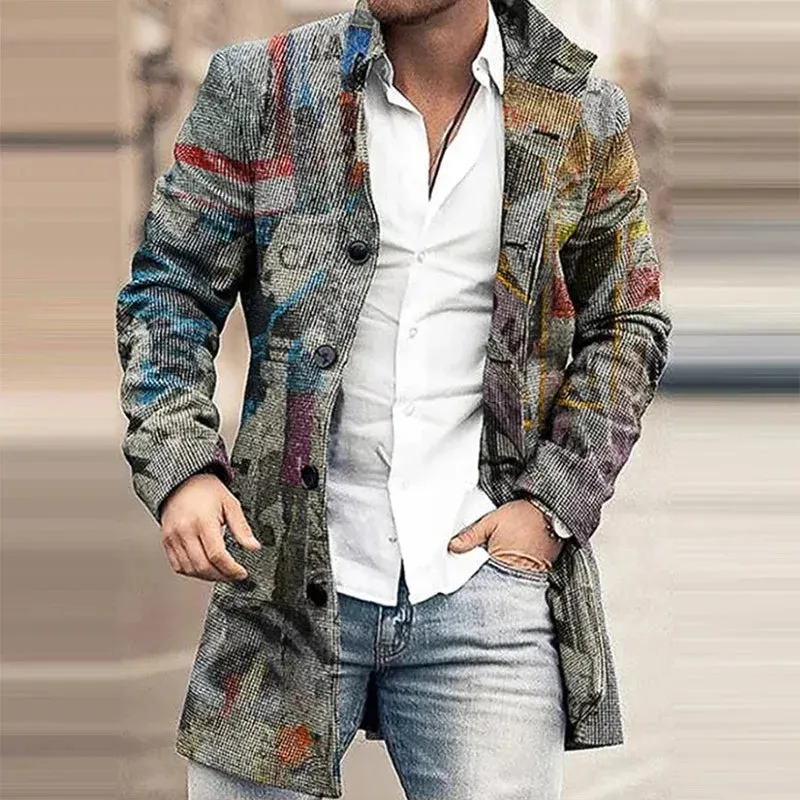 Sml-lrge Vintage Pattern Print Thick Fleece For Men Casual Long Sleeve Turn-down Collar Buttoned Overcoat