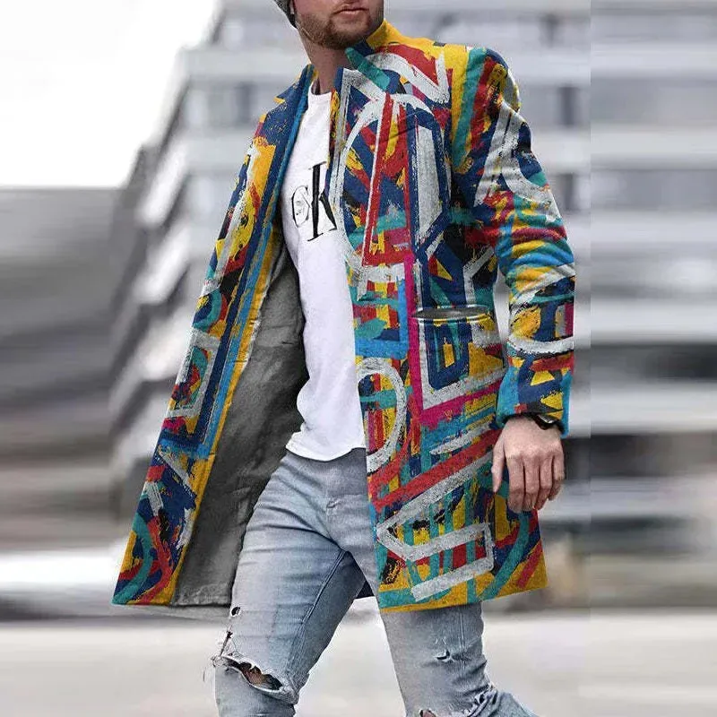 Sml-lrge Vintage Pattern Print Thick Fleece For Men Casual Long Sleeve Turn-down Collar Buttoned Overcoat