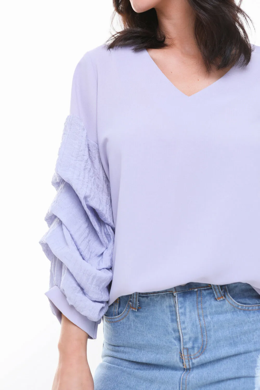 Soft Pleat Tuck Puffer Sleeve Floaty Top