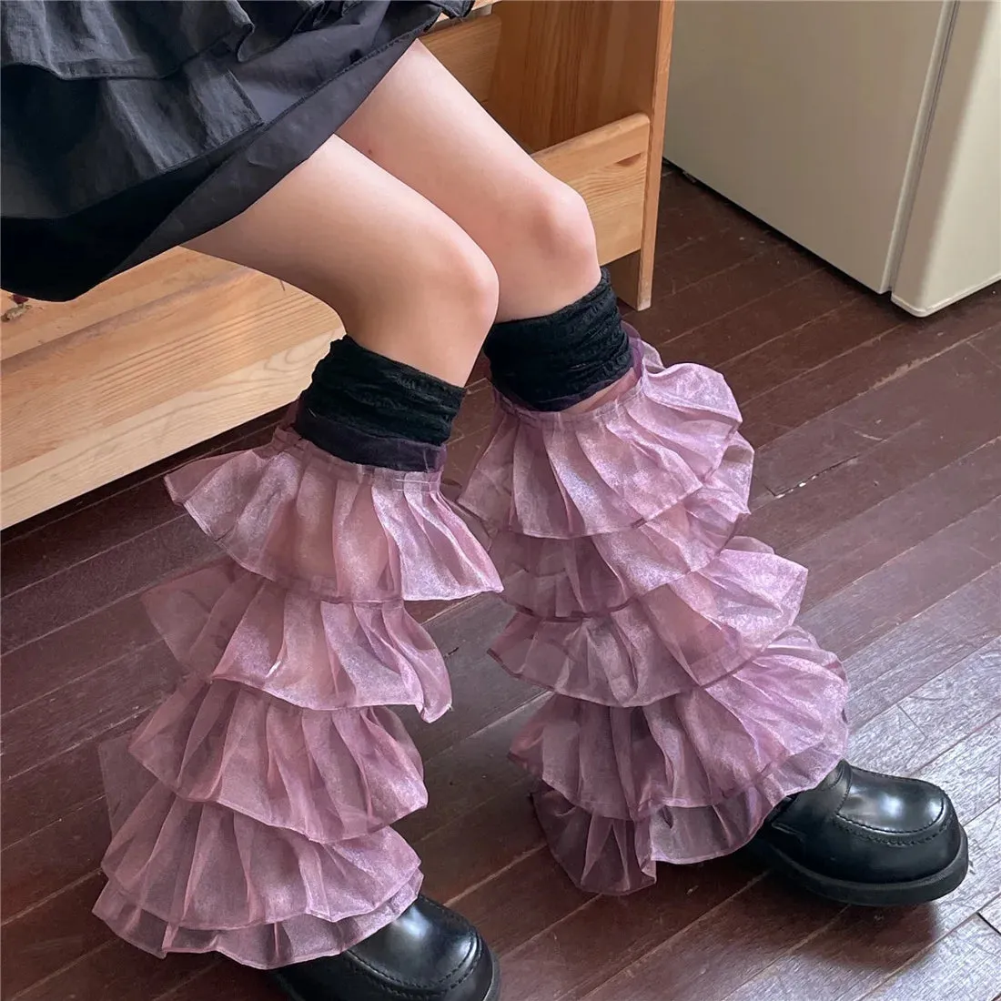 Sohiwoo New Y2K Lace Leg Cover Ruffles Over The Knee Leg Socks Women Japanese Punk Harajuku Leg Warmers Purple JK Party Accessories