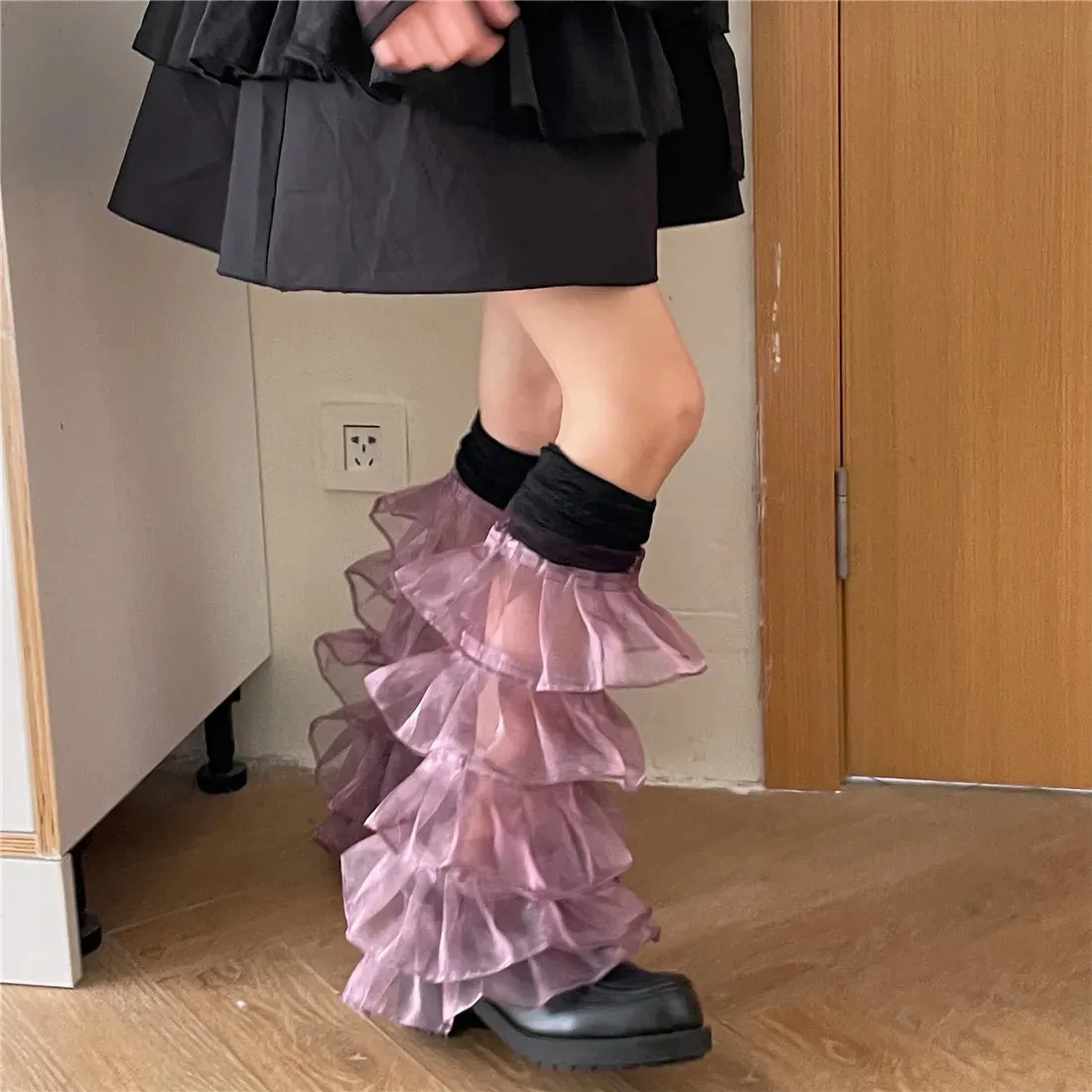 Sohiwoo New Y2K Lace Leg Cover Ruffles Over The Knee Leg Socks Women Japanese Punk Harajuku Leg Warmers Purple JK Party Accessories