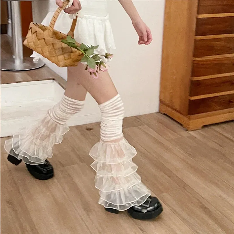 Sohiwoo New Y2K Lace Leg Cover Ruffles Over The Knee Leg Socks Women Japanese Punk Harajuku Leg Warmers Purple JK Party Accessories