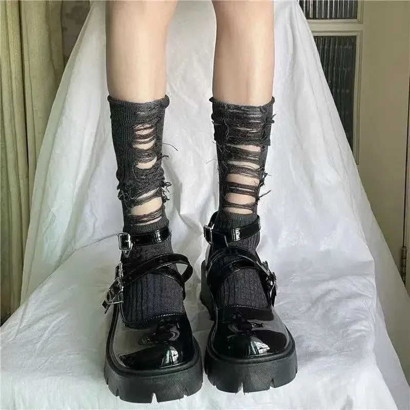 Sohiwoo Punk Gothic Ripped Leg Warmer Japanese Jk Leg Cover Breathable Dark Y2k Hot Girl Stockings Women Harajuku Knit Boot Cuff Socks