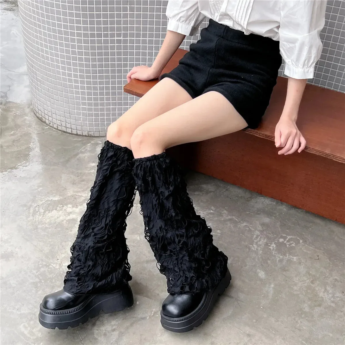 Sohiwoo Punk Gothic Ripped Leg Warmer Japanese Jk Leg Cover Breathable Dark Y2k Hot Girl Stockings Women Harajuku Knit Boot Cuff Socks