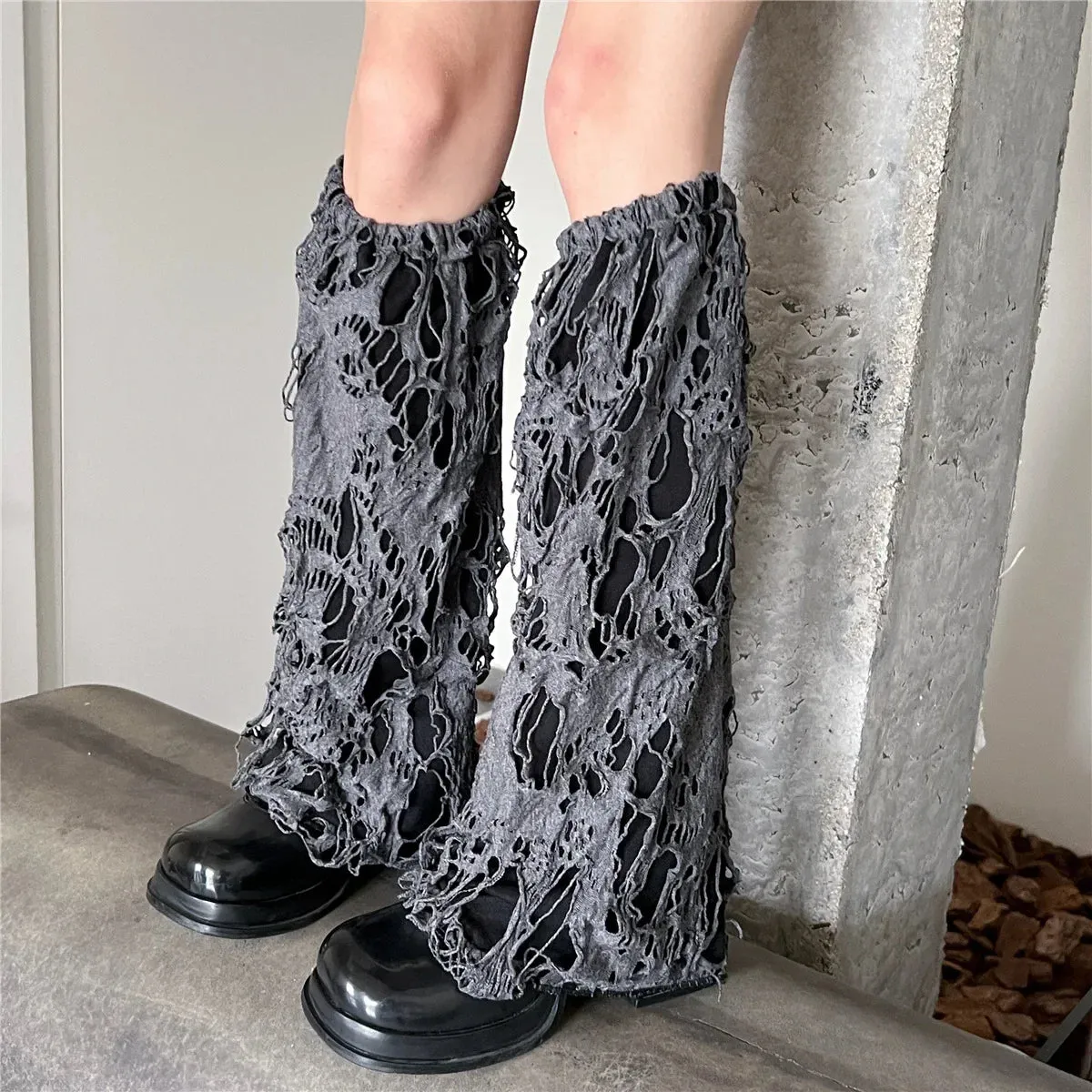 Sohiwoo Punk Gothic Ripped Leg Warmer Japanese Jk Leg Cover Breathable Dark Y2k Hot Girl Stockings Women Harajuku Knit Boot Cuff Socks