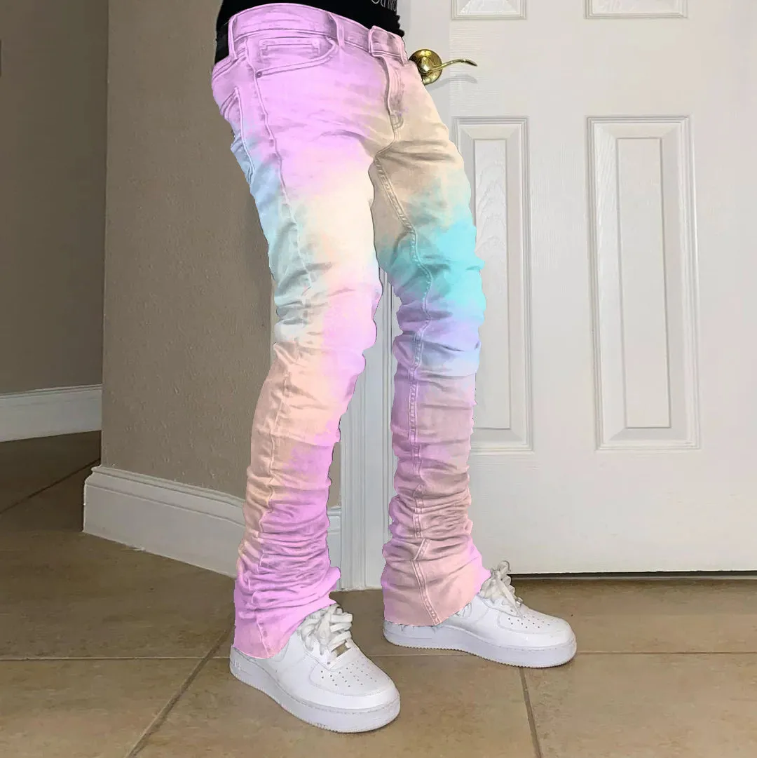 Street tie-dye colored straight-leg jeans