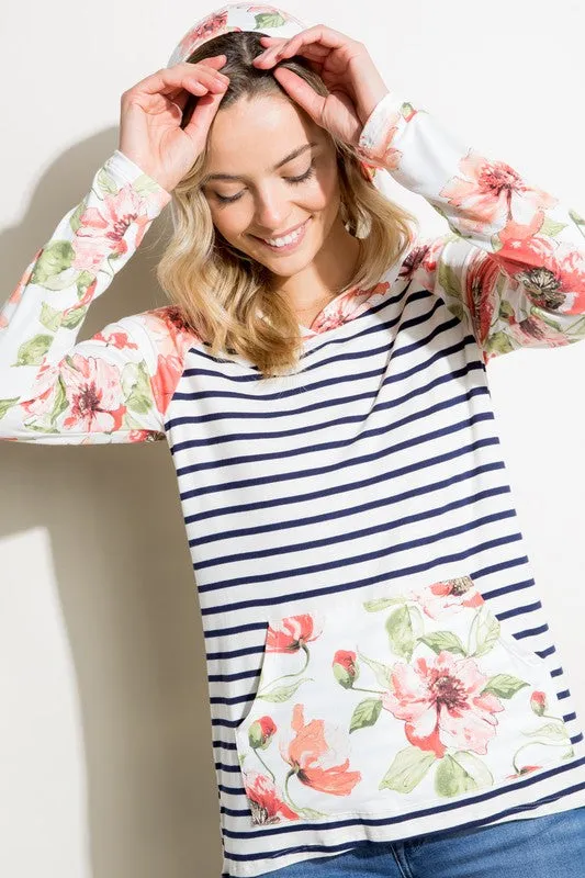 Stripe Floral Kangaroo Pocket Hoodie Top