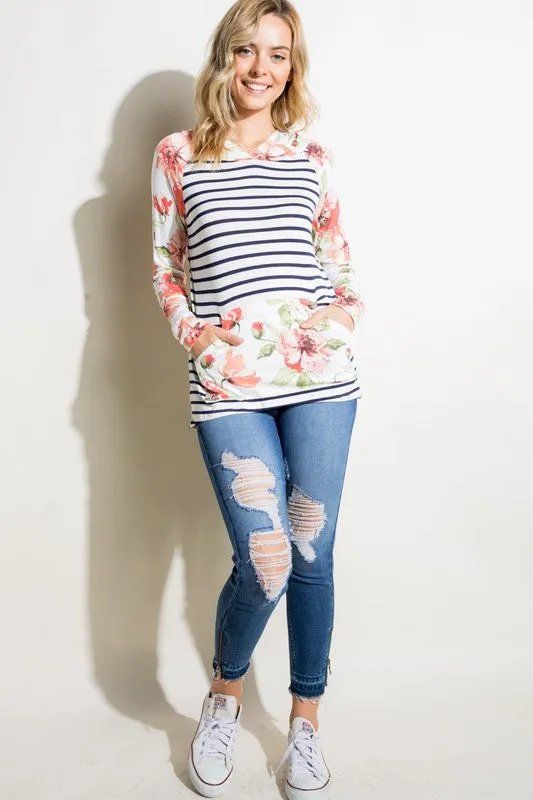 Stripe Floral Kangaroo Pocket Hoodie Top