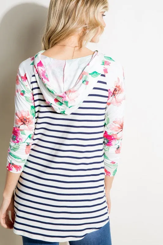 Stripe Floral Kangaroo Pocket Hoodie Top