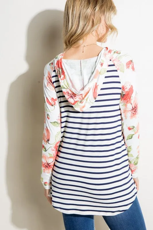 Stripe Floral Kangaroo Pocket Hoodie Top