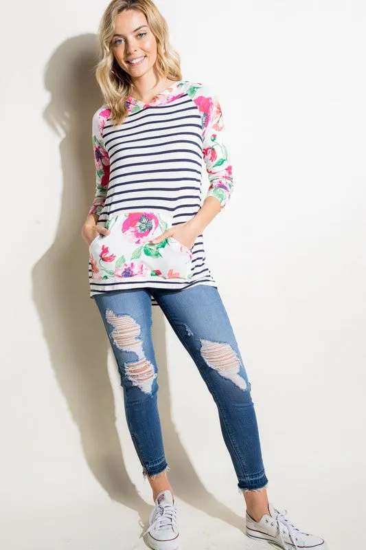 Stripe Floral Kangaroo Pocket Hoodie Top