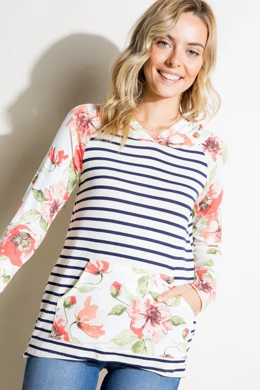 Stripe Floral Kangaroo Pocket Hoodie Top