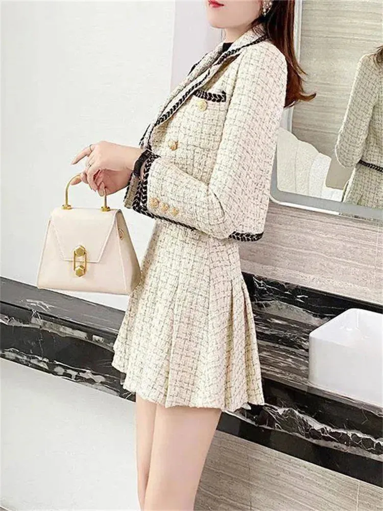 Summer new elegant Korean pop lapel leisure suit jacket skirt pleated skirt suit women squares two-piece casual clothes