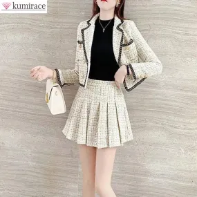 Summer new elegant Korean pop lapel leisure suit jacket skirt pleated skirt suit women squares two-piece casual clothes