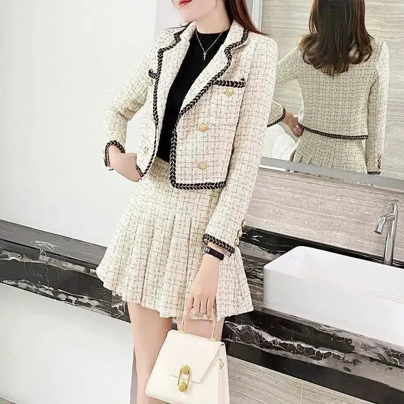 Summer new elegant Korean pop lapel leisure suit jacket skirt pleated skirt suit women squares two-piece casual clothes