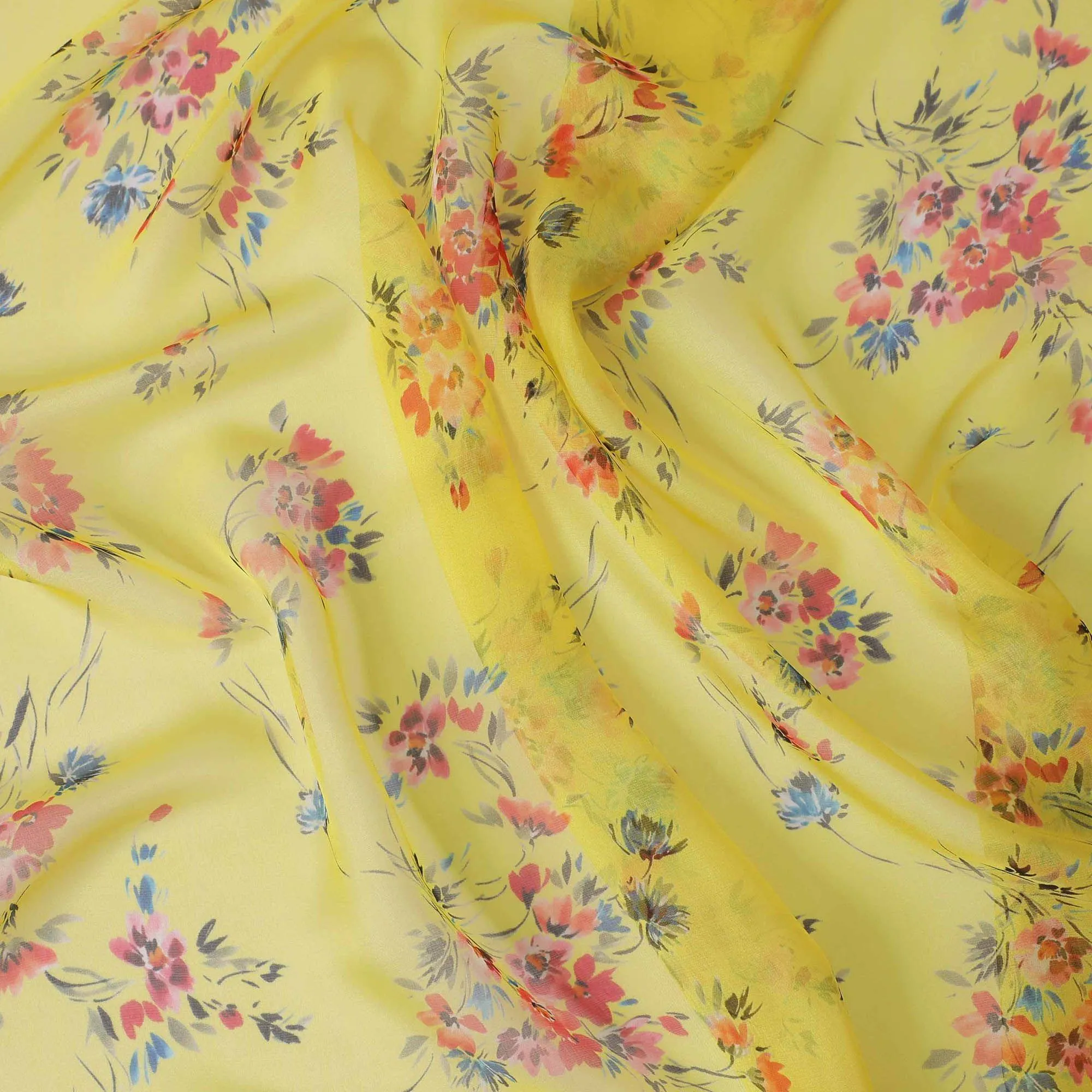 Sun flower yellow premium pure silk chiffon fabric with multicolor print in floral design-D13225