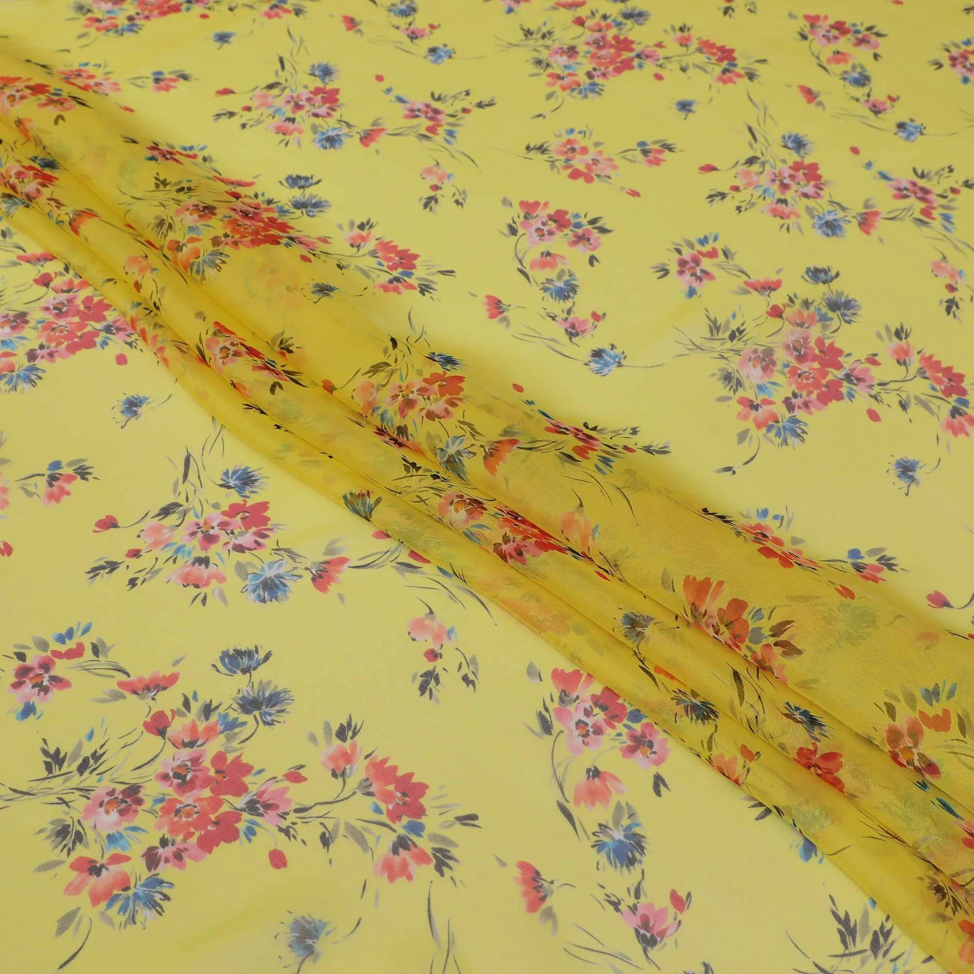 Sun flower yellow premium pure silk chiffon fabric with multicolor print in floral design-D13225