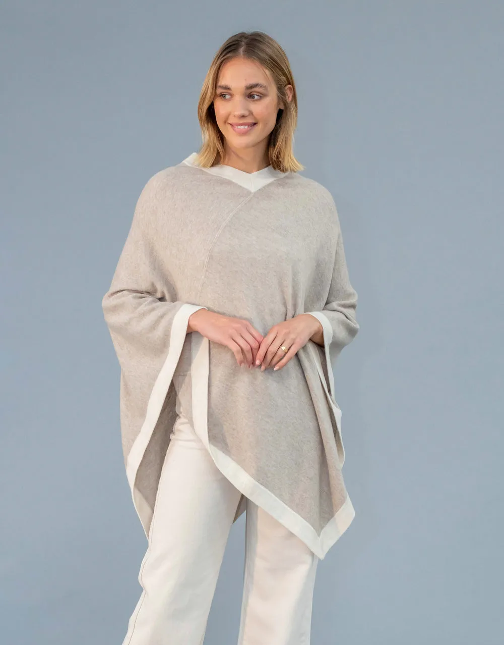 Un-Dyed Contrast Poncho in Stone