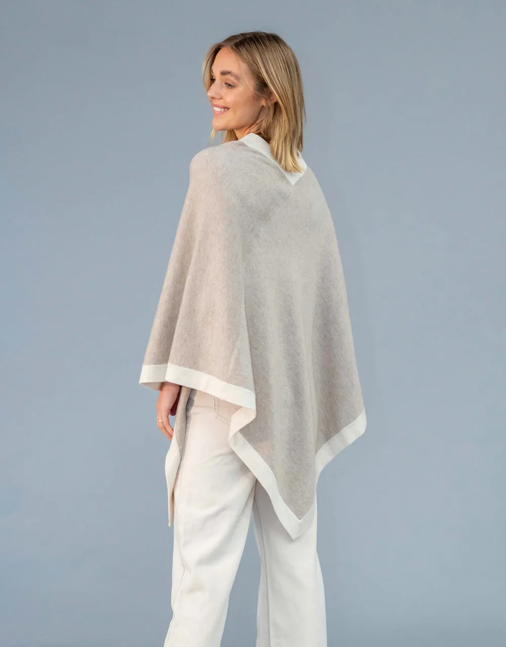 Un-Dyed Contrast Poncho in Stone