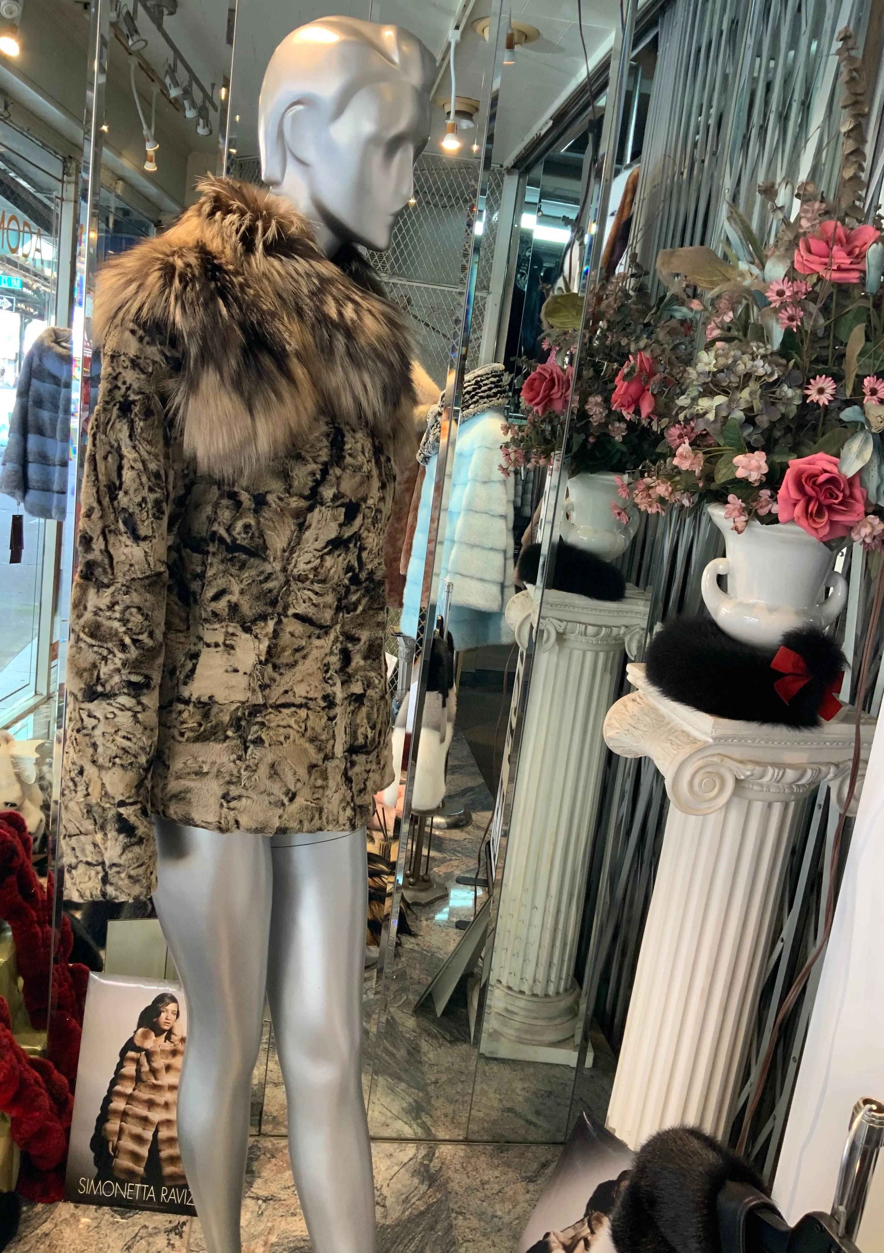 Unique Swakara Lamb Fur Jacket with Fox Fur Attached Collar