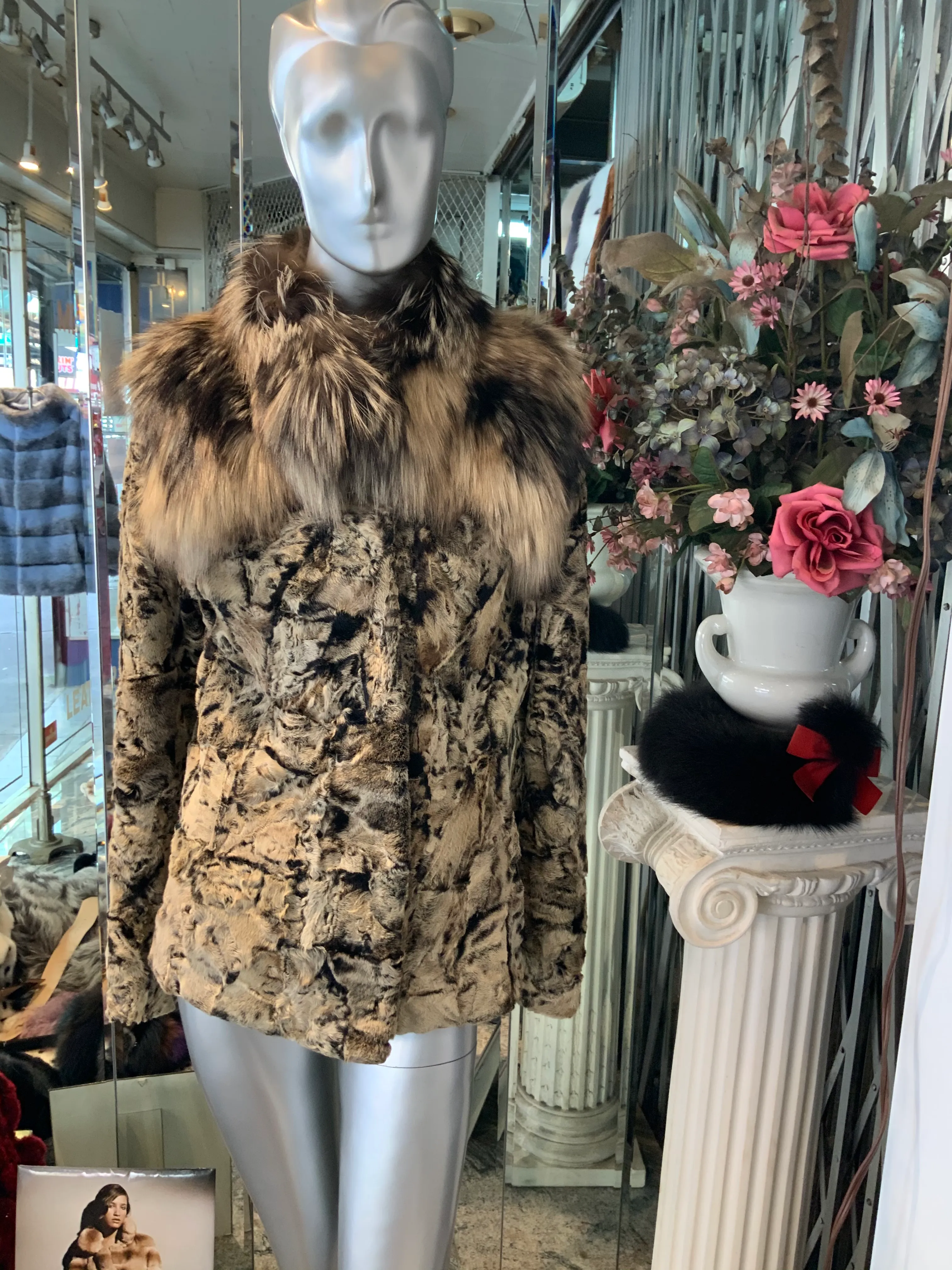 Unique Swakara Lamb Fur Jacket with Fox Fur Attached Collar