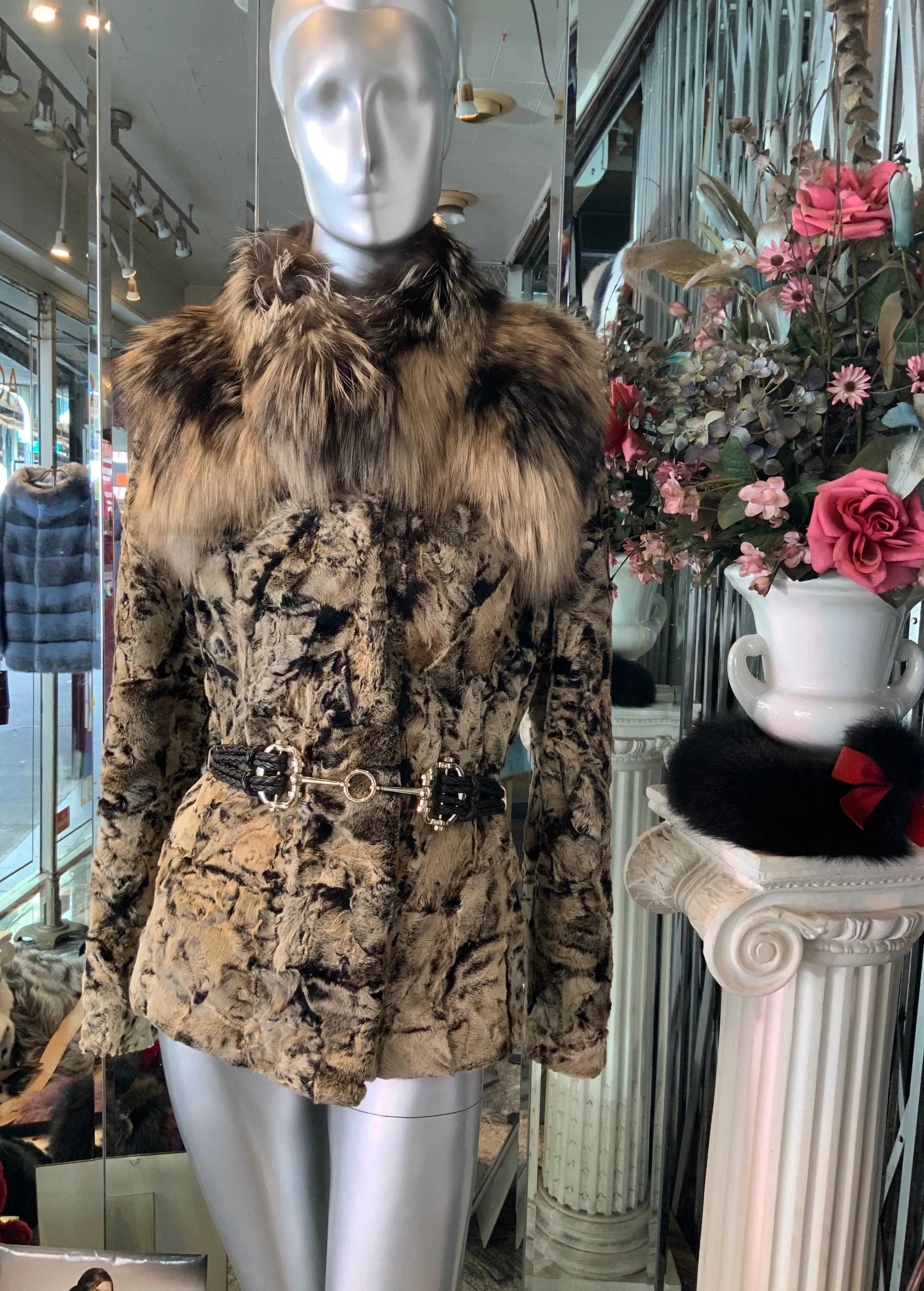 Unique Swakara Lamb Fur Jacket with Fox Fur Attached Collar