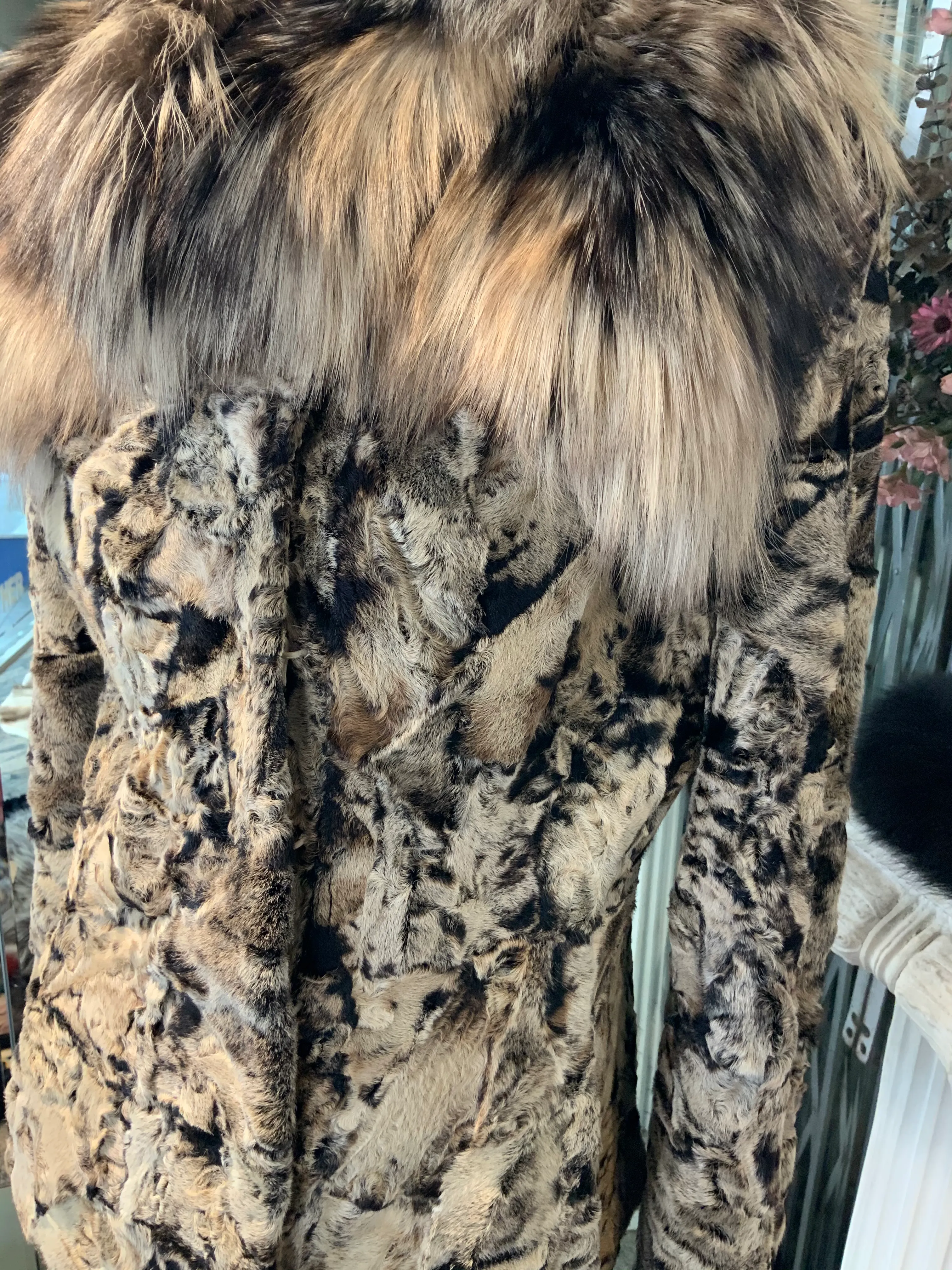 Unique Swakara Lamb Fur Jacket with Fox Fur Attached Collar