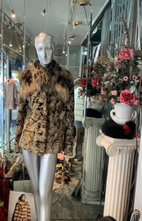 Unique Swakara Lamb Fur Jacket with Fox Fur Attached Collar