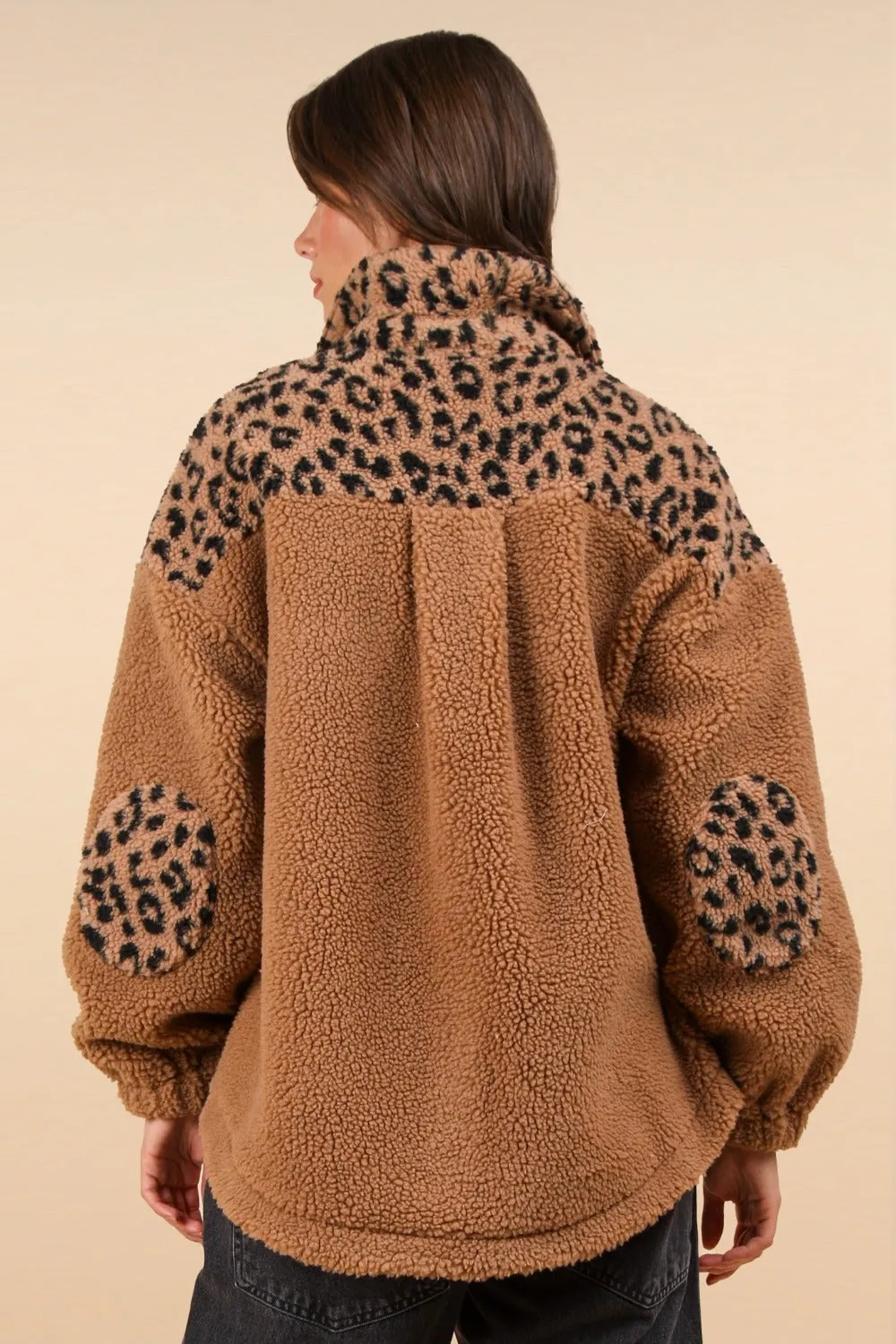 VERY J Fuzzy Leopard Button Down Long Sleeve Jacket