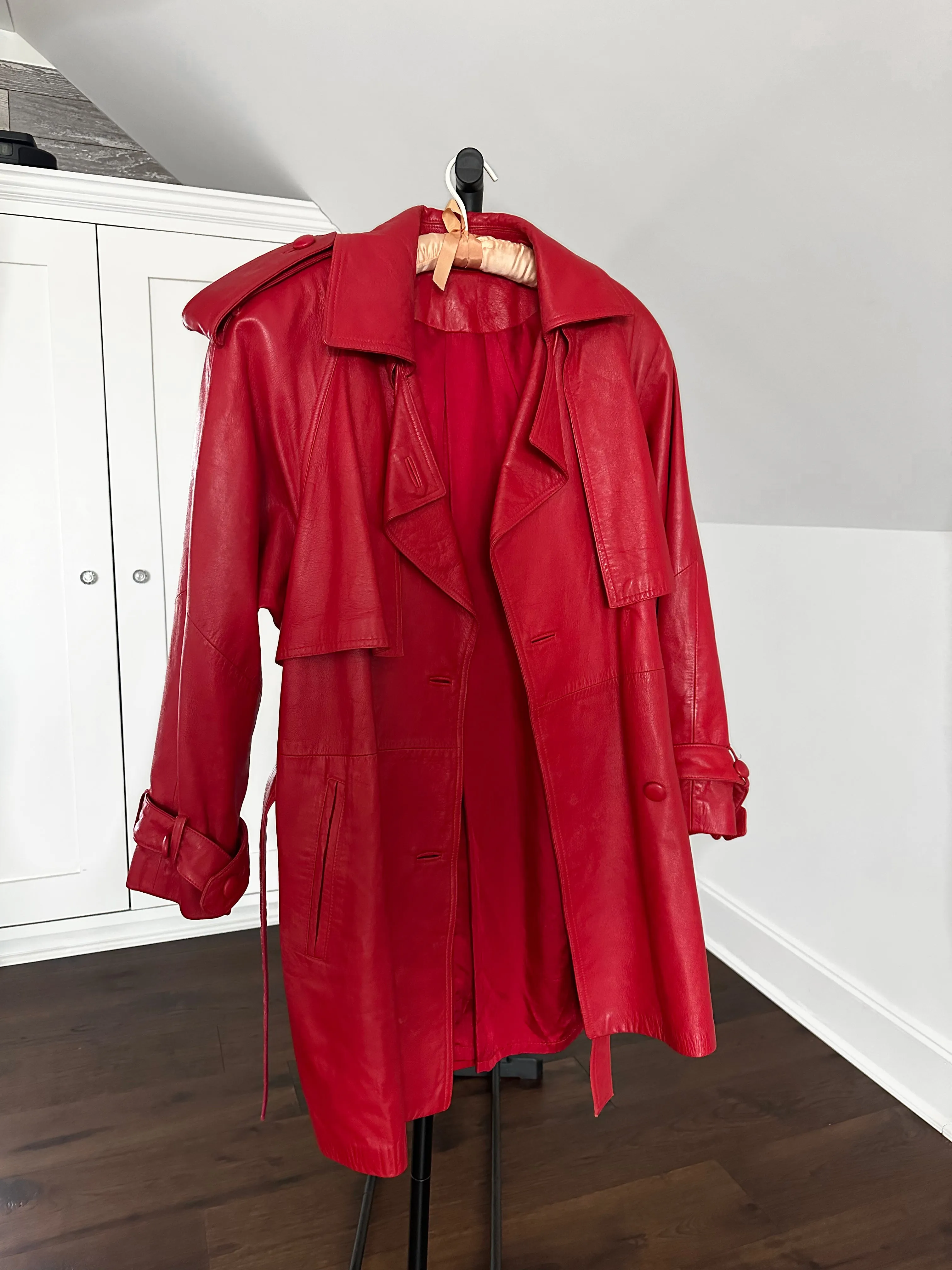 Vintage 80s Red Leather Trench Coat