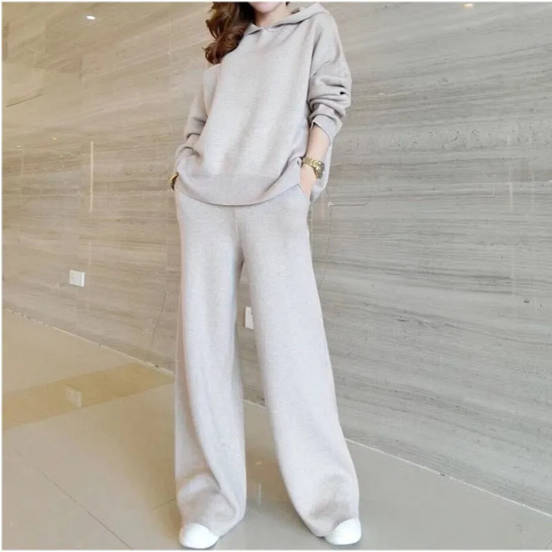 Wenkouban 2023 Autumn Winter Women  Solid Color Hooded Pullover Knit Sweater   Casual Wide Leg Pants Fashion Two Piece Set