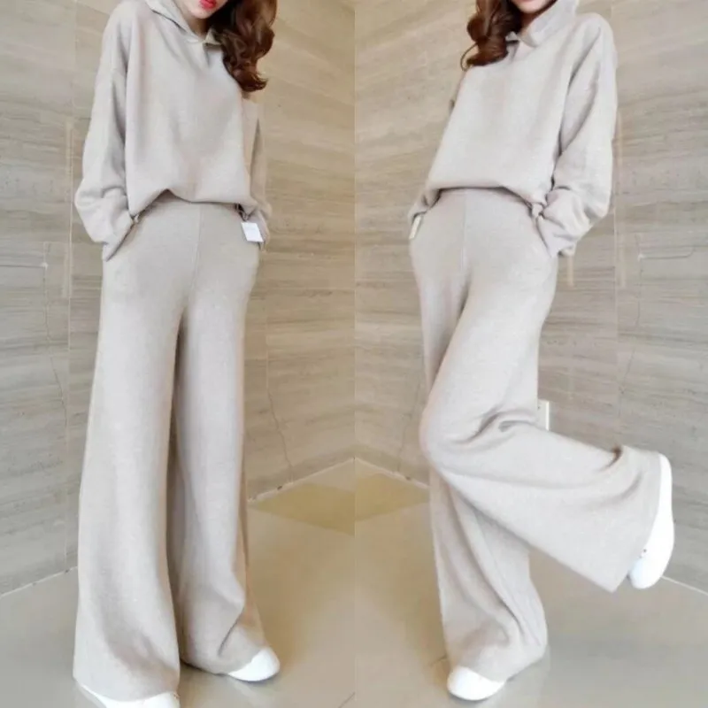 Wenkouban 2023 Autumn Winter Women  Solid Color Hooded Pullover Knit Sweater   Casual Wide Leg Pants Fashion Two Piece Set