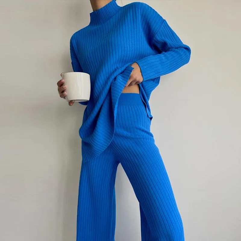 Wenkouban Back To School Women Knitted Outfits Two Piece Set Solid Casual Pullover Tops Hight Waist Long Pants Suit Autumn Winter Oversized Sweater Suits