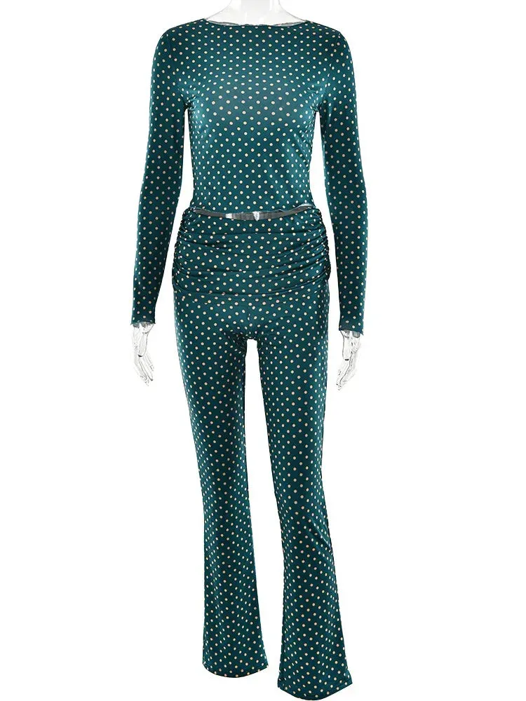 Wenkouban-Black Friday Christmas Party Outfits  Printed Polka Dots Two Piece Sets Women Pant Sets Blue Long Sleeve T-shirt Long Pant Female Winter Slim Casual Pant Suit