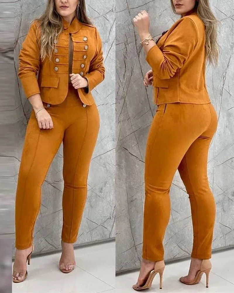 Wenkouban  Casual women's solid color double breasted suit pants set